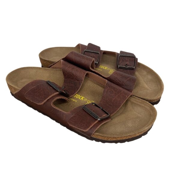 Birkenstock Arizona Sandals Cortina Brown Leather Buckle Slides-Unisex Size 41